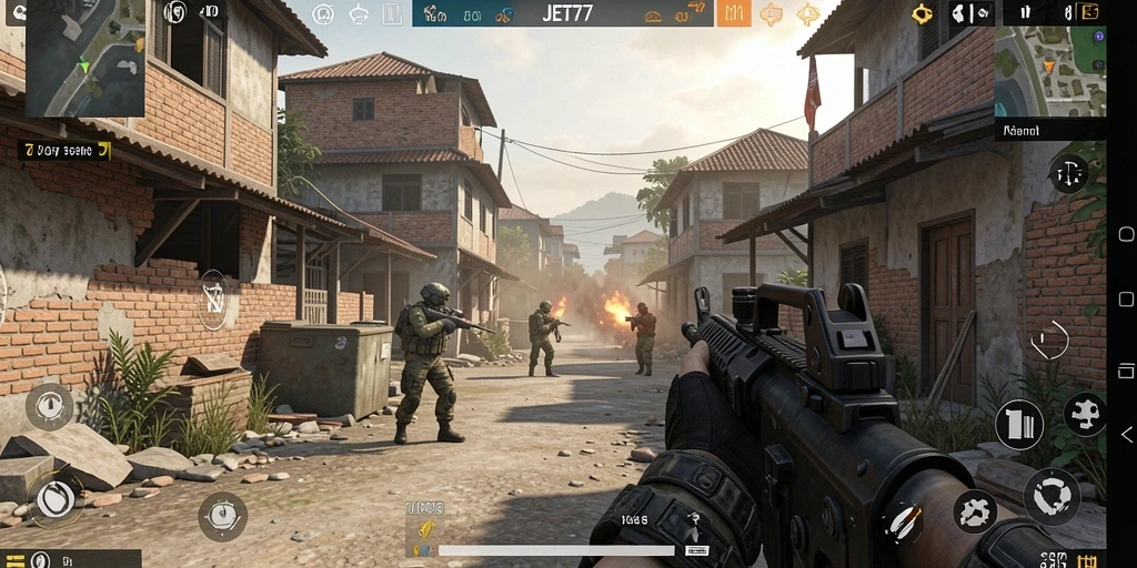 Tangkapan layar gameplay JET77 dengan aksi tembak-menembak yang mendebarkan.