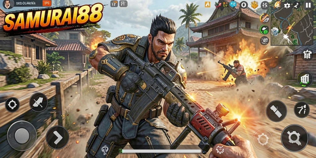 Screenshot dari gameplay intens SAMURAI88 dengan pertarungan epik.